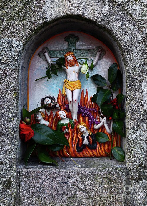 Jesus Christ Greeting Card featuring the photograph Ceramic crucifixion scene in stone wall Portugal by James Brunker