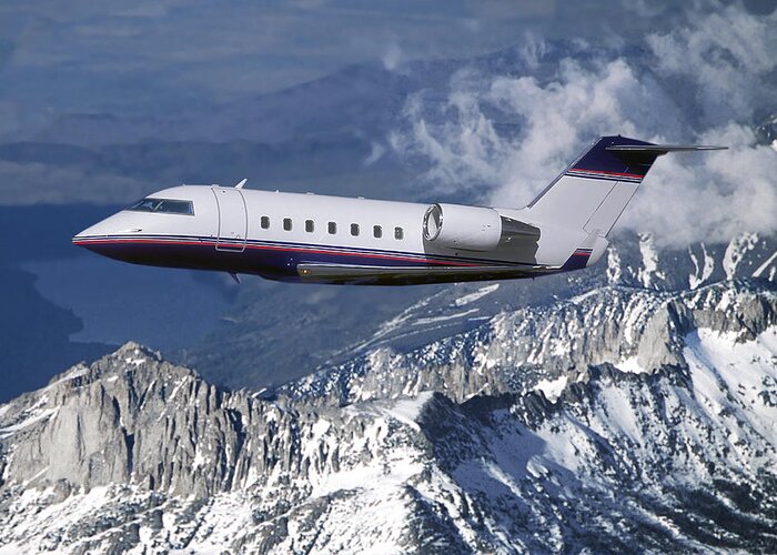 Challenger Business Jet Greeting Card featuring the mixed media Challenger Corporate Jet over Snowcapped Mountains by Erik Simonsen