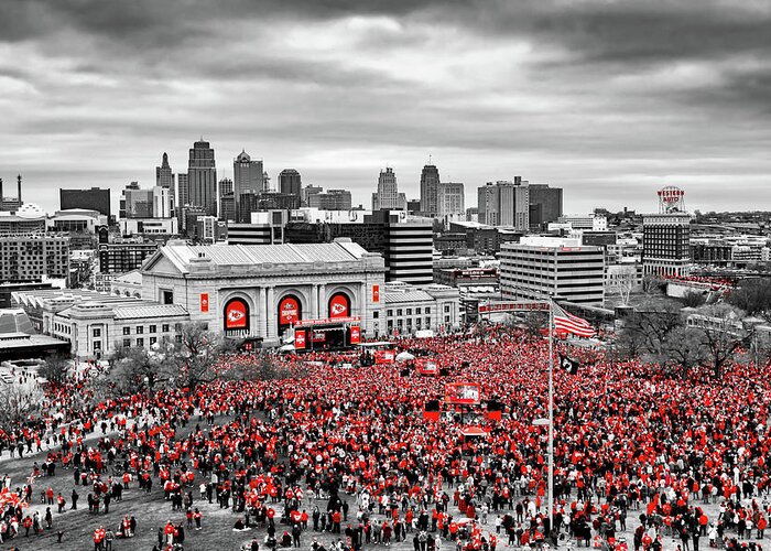 Kansas City Greeting Card featuring the photograph Champions Unite - A Sea Of Red Takes Over Downtown Kansas City - Selective Color Edition by Gregory Ballos