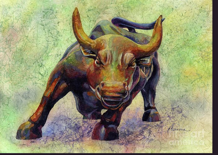 Charging Bull Greeting Card featuring the painting Charging Bull by Hailey E Herrera