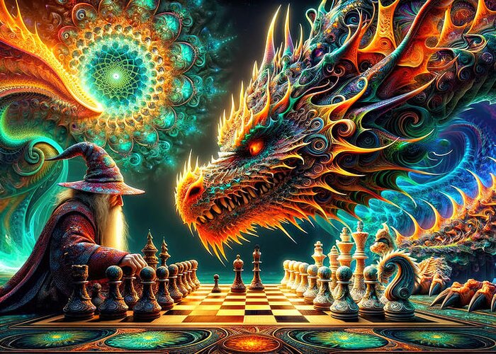 Wizard Greeting Card featuring the photograph Checkmate of the Cosmic Dragon by Bill and Linda Tiepelman