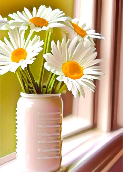 Windowsill Greeting Card featuring the mixed media Cheerful Daisies by Bonnie Bruno