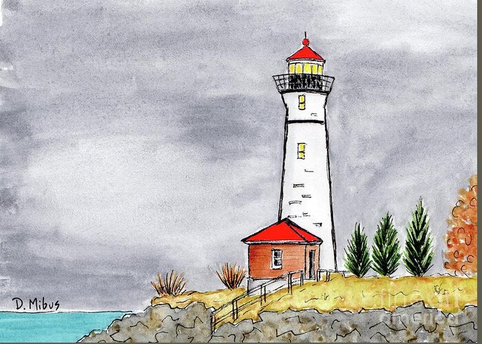 Maine Lighthouse Greeting Card featuring the painting Brave Red Top Maine Lighthouse by Donna Mibus