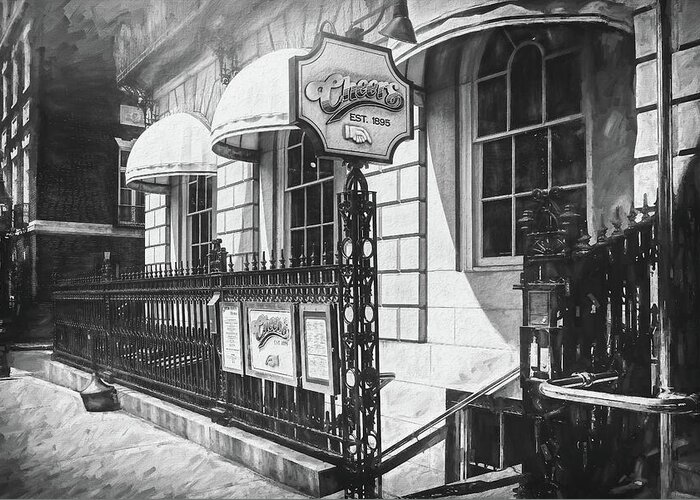 Boston Greeting Card featuring the photograph Cheers Bar Beacon Hill Boston Black and White by Carol Japp