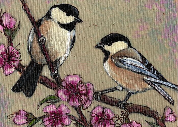 Birds. Bird Pair Greeting Card featuring the painting Cheery Chickadees by VLee Watson