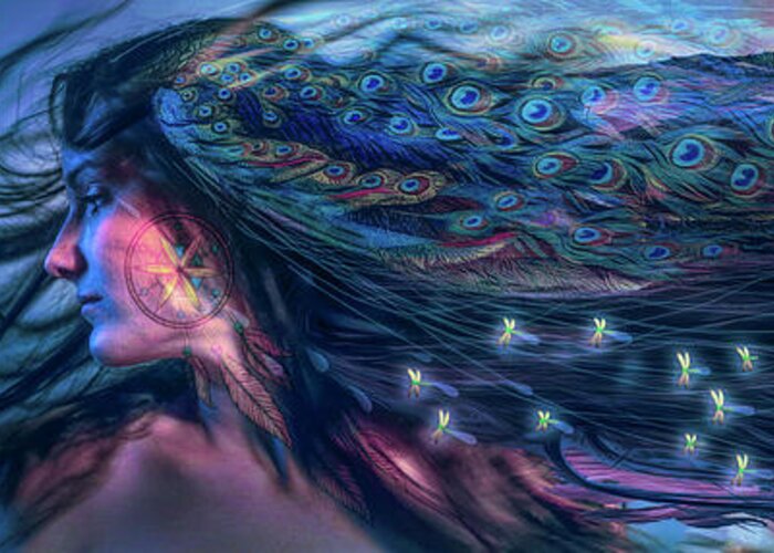 Bird Greeting Card featuring the digital art Cherokee Turquoise Tears Become Fireflies by Debra and Dave Vanderlaan