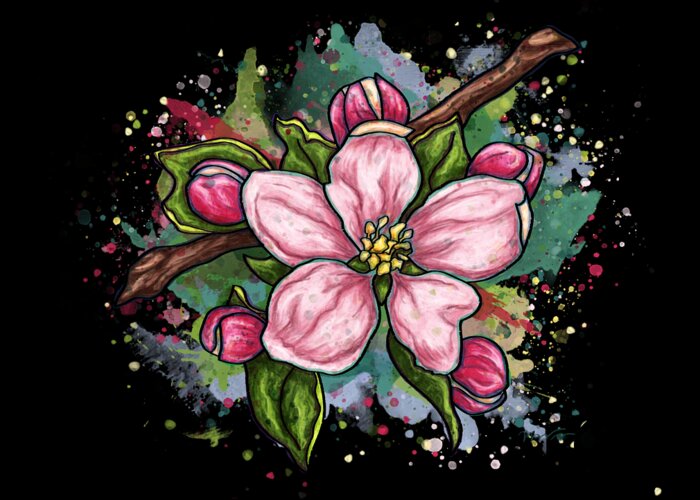 Flower Greeting Card featuring the painting Cherry blossom painting on black background, pink flower art by Nadia CHEVREL