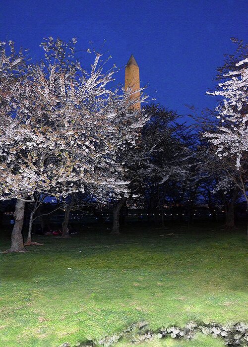 Cherry Blossom Greeting Card featuring the photograph Cherry blossoms overlooking Washington monument 1 by Harsh Malik