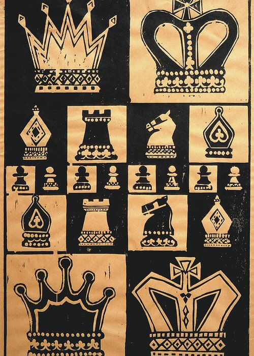 Woodcut Greeting Card featuring the painting Chess Woodcut by Mary Helmreich