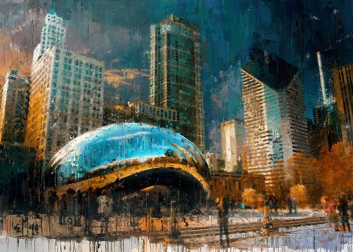 Chicago Greeting Card featuring the painting Chicago Bean Sunset by Glenn Galen