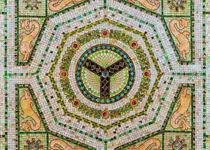 Art Greeting Card featuring the photograph Chicago Cultural Center Ceiling with Y Symbol in Mosaic by David Levin