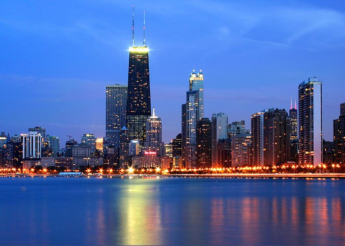 Architecture Greeting Card featuring the photograph Chicago Dusk Skyline Blue by Patrick Malon