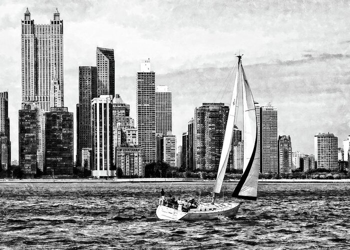 Chicago Greeting Card featuring the photograph Chicago IL - Sailboat Against Chicago Skyline Black and White by Susan Savad