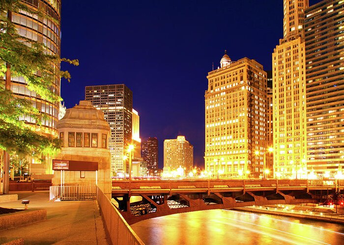 Chicago Skyline Greeting Card featuring the photograph Chicago Skyline River Bridge Night by Patrick Malon
