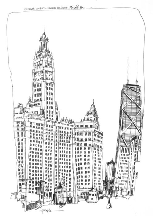 Chicago's Wrigley And Hancock Buildings Greeting Card featuring the drawing Chicago Wrigley and Hancock Buildings by Robert Birkenes