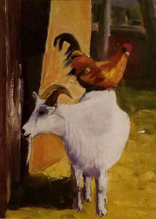 Goat Greeting Card featuring the painting Chicken on a Goat by Shawn Smith