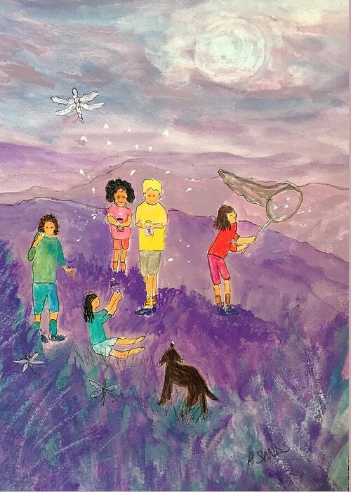 Purple Greeting Card featuring the painting Children Catching Fireflies by Anne Sands