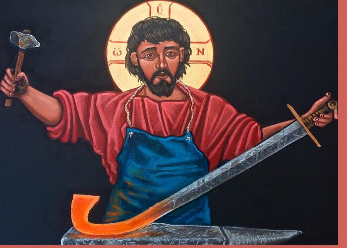 Iconography Greeting Card featuring the painting Christ Swords into Plowshares by Kelly Latimore