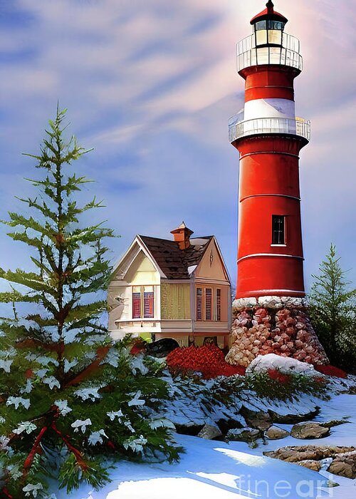 Ocean Greeting Card featuring the digital art Christmas at the Ocean Lighthouse #1 by Elaine Manley
