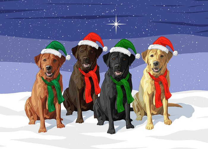 Dogs Greeting Card featuring the digital art Christmas Dogs Red Chocolate Black Yellow Labrador Retrievers by Crista Forest