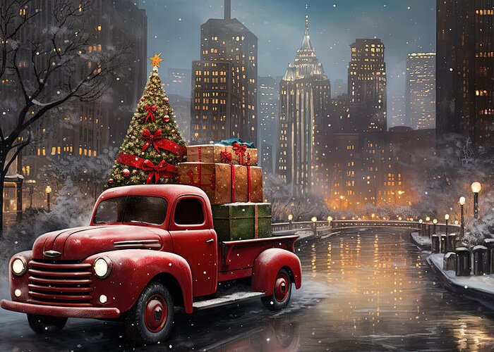Christmas Art Greeting Card featuring the painting Christmas in Chicago - A Red Truck by the River by Lourry Legarde