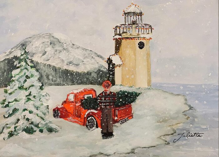 Rainier Greeting Card featuring the painting Christmas in the Harbor by Juliette Becker