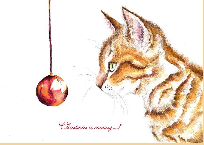 Cats Greeting Card featuring the painting Tabby Cat and Bauble - Christmas IS Coming 1 by Debra Hall