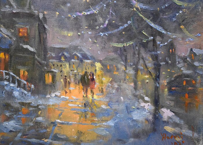Christmas Greeting Card featuring the painting Christmas Mood by Ylli Haruni