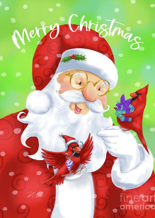 Christmas Greeting Card featuring the mixed media Christmas Santa with Cardinals by Shari Warren