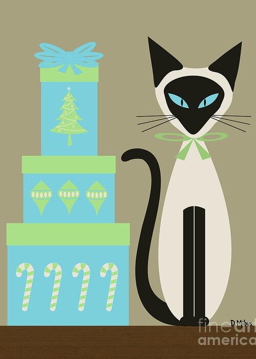 Mid Century Cat Greeting Card featuring the digital art Christmas Siamese with Presents by Donna Mibus