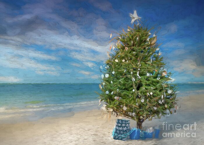 Lido Key Greeting Card featuring the photograph Christmas Tree on Siesta Key Beach, Florida, Painterly by Liesl Walsh