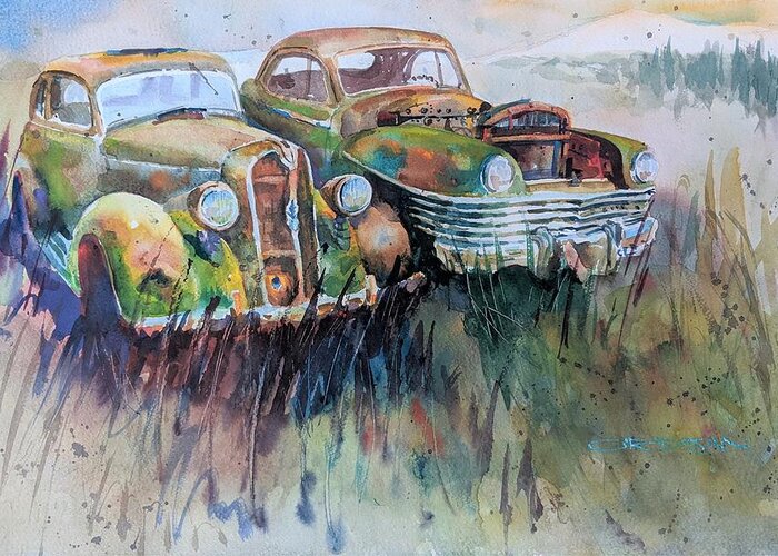 Nostalgia Greeting Card featuring the painting Chrysler Relics by Jackson Ordean