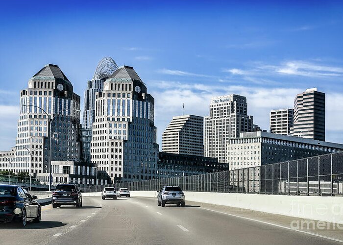 Cincinnati; Ohio; Freeway; Car; Highway; Skyscraper; Cityscape; Skyline; City Greeting Card featuring the photograph Cincinnati Freeway by Shelia Hunt