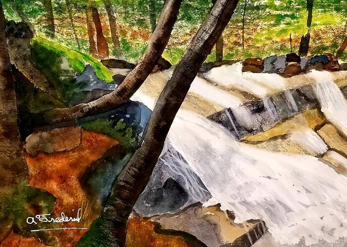 Waterfall Greeting Card featuring the painting Cindys' Waterfall by Ann Frederick
