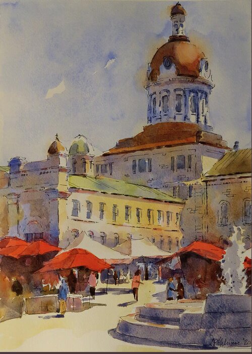 Summer Greeting Card featuring the painting City Hall with Red Tents by David Gilmore