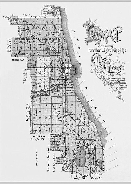 Chicago Greeting Card featuring the photograph City of Chicago Antique Map 1896 Black and White by Carol Japp