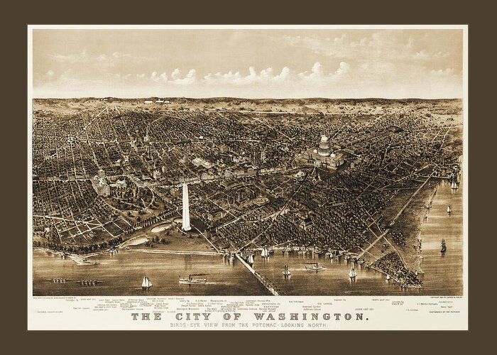 Washington Dc Greeting Card featuring the photograph City of Washington DC Map Birds Eye View 1892 Sepia by Carol Japp