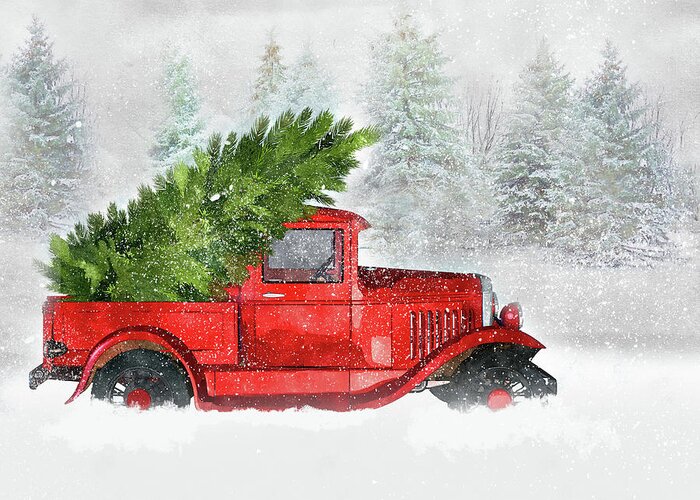 Christmas Greeting Card featuring the digital art Classic Holiday Vintage Red Truck by Doreen Erhardt