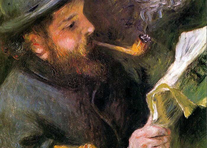 Claude Monest Greeting Card featuring the painting Claude Monet reading a newspaper by Long Shot
