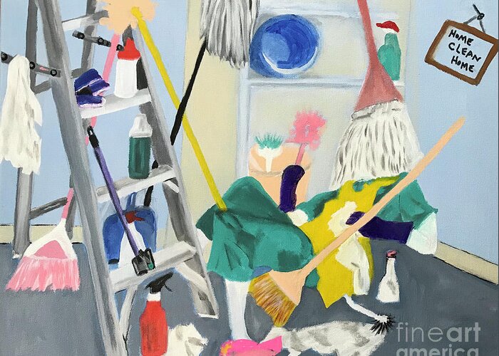 Cleaning Day During Covid Greeting Card featuring the painting Cleaning Day by Theresa Honeycheck