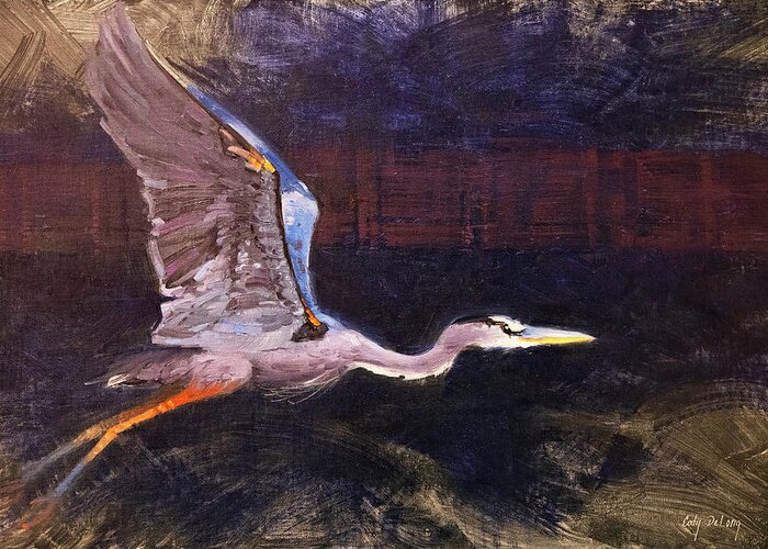 Great Blue Heron Greeting Card featuring the painting Cleared for takeoff by Cody DeLong