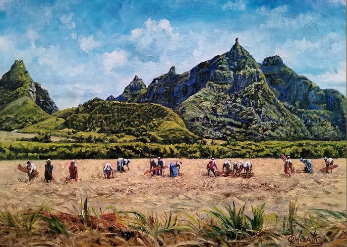  Greeting Card featuring the painting Clearing fields, Mauritius by Raouf Oderuth