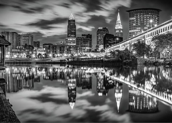 Cleveland Skyline Greeting Card featuring the photograph Cleveland Ohio Riverfront Skyline At Dawn - Black and White by Gregory Ballos