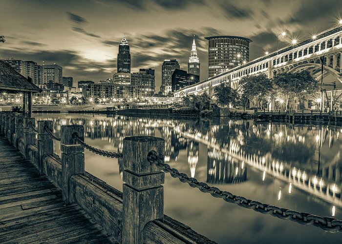 America Greeting Card featuring the photograph Cleveland Skyline From The Riverfront - Sepia Edition by Gregory Ballos