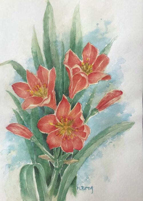 Clivia Greeting Card featuring the painting Clivia by Milly Tseng