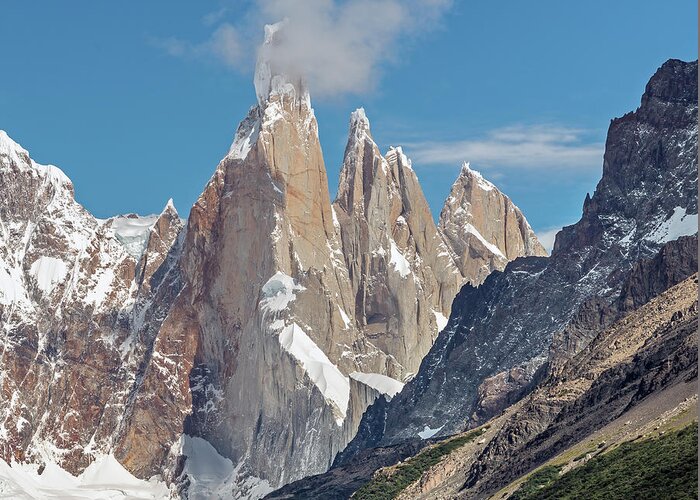 Andes Greeting Card featuring the photograph Close view of Cerro Torre, Egger Torre and aguja Stanhard by Henri Leduc