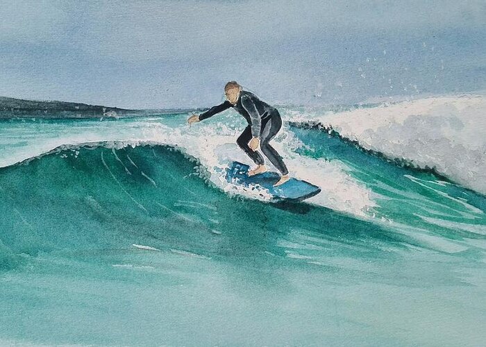Surfer Greeting Card featuring the painting Coastal Surfer by Sandie Croft