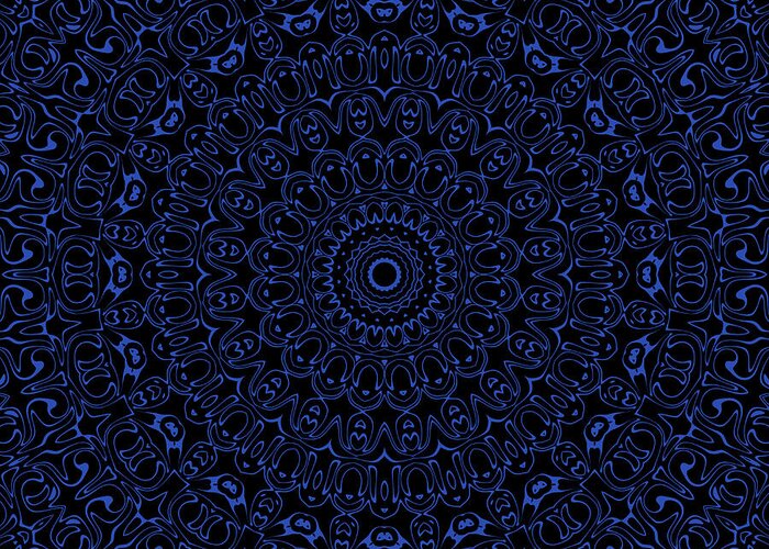 Cobalt Blue Greeting Card featuring the digital art Cobalt Blue on Black Mandala Kaleidoscope Medallion Flower by Mercury McCutcheon
