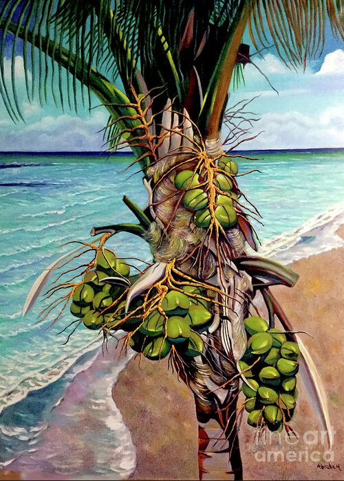 Coconuts Greeting Card featuring the painting Coconuts on beach by Jose Manuel Abraham