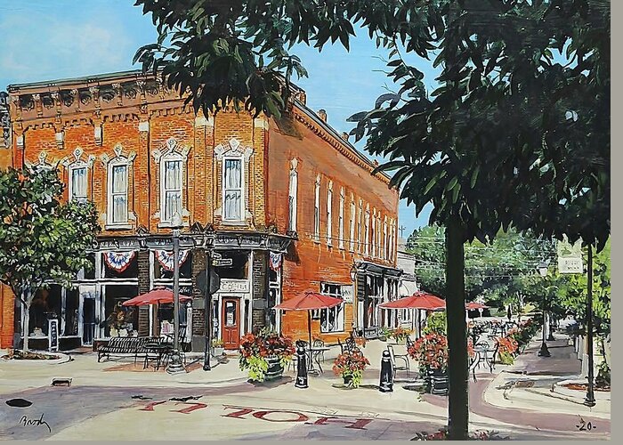 Holly Michigan Greeting Card featuring the painting Coffee On The Corner by William Brody